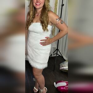 Lulus Exquisite Glamour White Mesh Sequin Strapless Bow Mini Dress - Size L